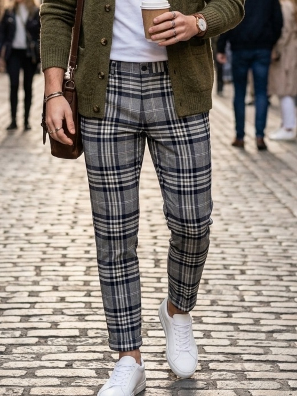 Zara Blue White Grey Plaid Check Tailored men’s straight Flat Front Pants 1906
